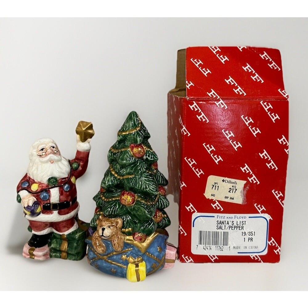 1994 Fitz and Floyd Santa Christmas Tree Salt Pepper Shakers w original box